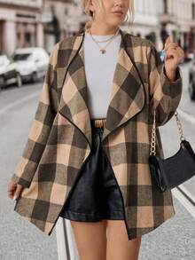 SHEIN LUNE Hơn In kẻ sọc Buffalo Cổ áo thác nước Mở Mặt trước Áo khoác - Màu Khaki - Xem 3