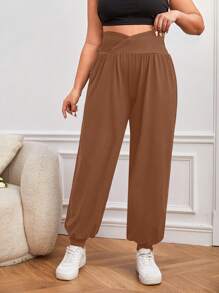 SHEIN LUNE Plus Solid Asymmetrical Waistband Waist Pants - Coffee Brown - View 1