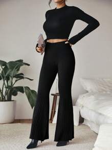SHEIN LUNE Solid Flare Leg Knit Pants In Fall/Winter - Black - View 4