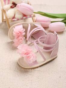 女嬰花朵裝飾交叉露趾踝帶平底涼鞋適合夏天 - 粉色 - 查看 7