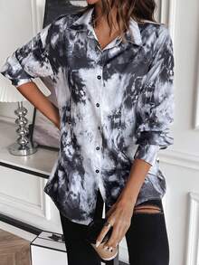 SHEIN Essnce Nhuộm buộc Thả vai Áo sơ mi - Xám - Xem 5