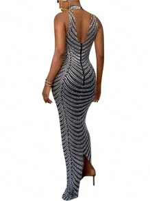 Rhinestone Sheer Mesh Bodycon Dress - Black - View 2