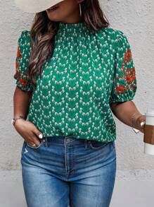 SHEIN LUNE Plus All Over Print Mock Neck Puff Sleeve Blouse - Multicolor - View 5