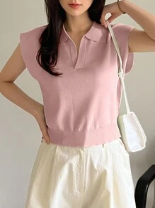 Dazy-Less 1 件女士纯色无袖休闲针织上衣老式风格商务休闲女士工作服 - 粉色 - 查看 3