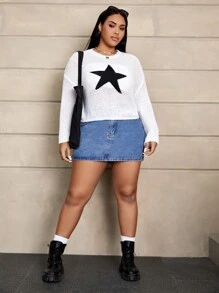 SHEIN EZwear Plus Star Pattern Drop Shoulder Sweater - Black and White - View 3