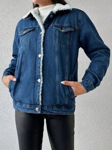 EURMUSE Túi có nắp Lót Teddy Áo khoác denim - Màu xanh lam - Xem 5
