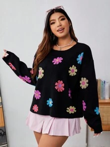 SHEIN Qutie 大碼花卉圖案落肩袖套頭毛衣 - 彩色 - 查看 1