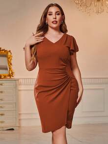 CurvySweet Talla grande Vestido de manga mariposa bajo cruzado fruncido lateral - Marrón - Ver 3