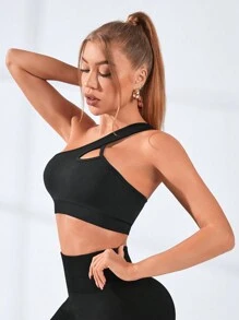SHEIN Yoga Sxy 單肩鏤空短款運動型文胸 - 黑色 - 查看 5