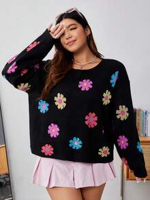 SHEIN Qutie 大碼花卉圖案落肩袖套頭毛衣 - 彩色 - 查看 4