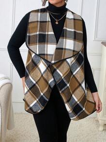 Calvaya Plus Plaid Print Waterfall Collar Vest Jacket - Multicolor - View 6