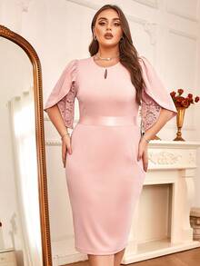 CurvySweet Plus Keyhole Neckline Petal Sleeve Bodycon Dress - Pink - View 5