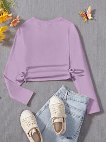 SHEIN Tween Girls Solid Ruched Side Tied Hem Crop Tee - Purple - View 2