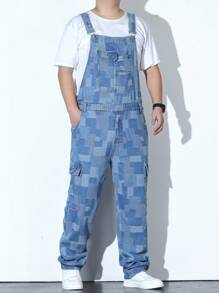 Manfinity Homme 男士大码色塊拼接圖案翻蓋口袋牛仔背帶褲不帶T恤 - 彩色 - 查看 1