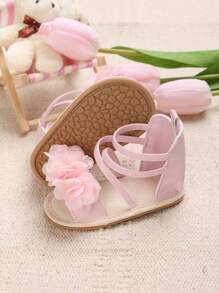 女嬰花朵裝飾交叉露趾踝帶平底涼鞋適合夏天 - 粉色 - 查看 2