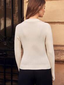 SHEIN Frenchy 拼接邊紐扣細節套頭毛衣 - 杏色 - 查看 5