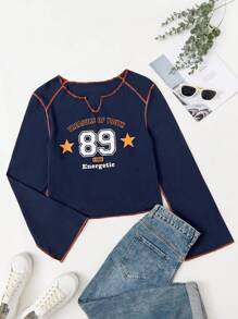 SHEIN EZwear Áo thun Plus size Hình học Slogan Giải trí - Màu xanh hải quân - Xem 1