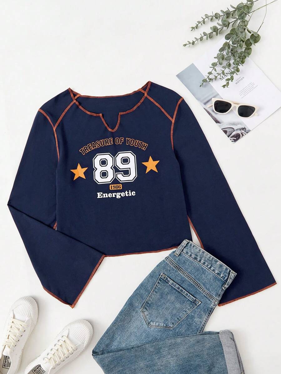 SHEIN EZwear Áo thun Plus size Hình học Slogan Giải trí - Màu xanh hải quân - Xem 1