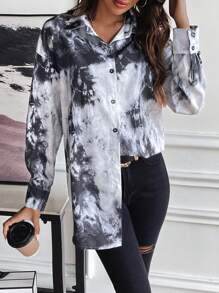 SHEIN Essnce Nhuộm buộc Thả vai Áo sơ mi - Xám - Xem 1