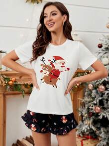 Christmas Print Tee & Ruffle Hem Shorts PJ Set