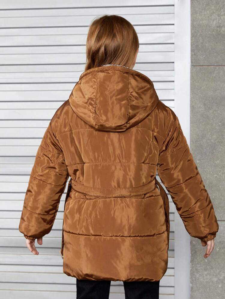 Tween Girl Double Pocket Drop Shoulder Hooded Belted Padded Coat