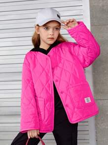 SHEIN Tween Girl Slogan Graphic Patch Detail Quilted Coat Without Hoodie - Hot Pink - View 3
