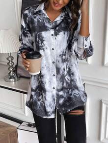 SHEIN Essnce Nhuộm buộc Thả vai Áo sơ mi - Xám - Xem 4