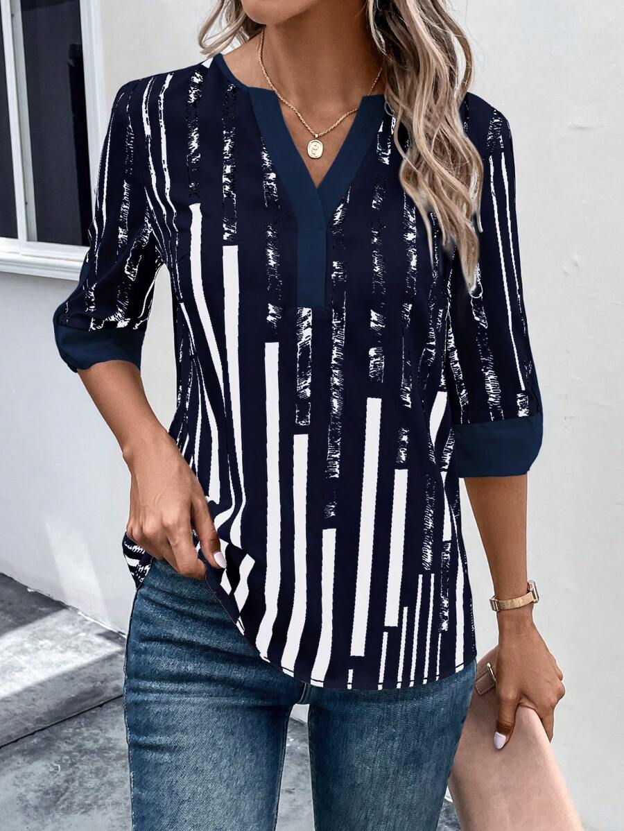 EMERY ROSE Striped Print Notched Neckline Blouse - Navy Blue - View 1