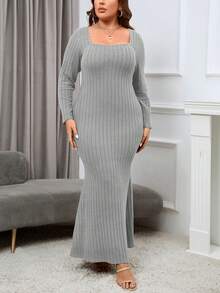 SHEIN Privé 大碼方領魚尾裙下擺洋裝 - 灰色 - 查看 5