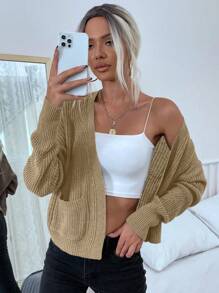 SHEIN Essnce 素色開門襟口袋貼布開襟衫 - 卡其色 - 查看 1