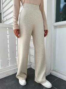 EURMUSE Solid Wide Leg Knit Pants - Beige - View 4