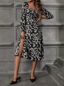 SHEIN Clasi In hoa Nút phía trước Tách đùi Đầm - Nhiều màu - Xem 3