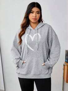 SHEIN EZwear Plus Heart Print Kangaroo Pocket Drop Shoulder Drawstring Hoodie - Light Grey - View 3