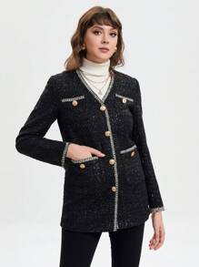 SHEIN BIZwear Contrast Trim Button Front Tweed Overcoat - Black - View 5