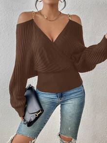 SHEIN Essnce Chain Detail Cold Shoulder Batwing Sleeve Sweater - Brown - View 5