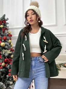 SHEIN Unity Dual Pocket Drop Shoulder Duffle Hooded Duffle Tweed Duffle Tweed Duffle Overcoat - Green - View 4