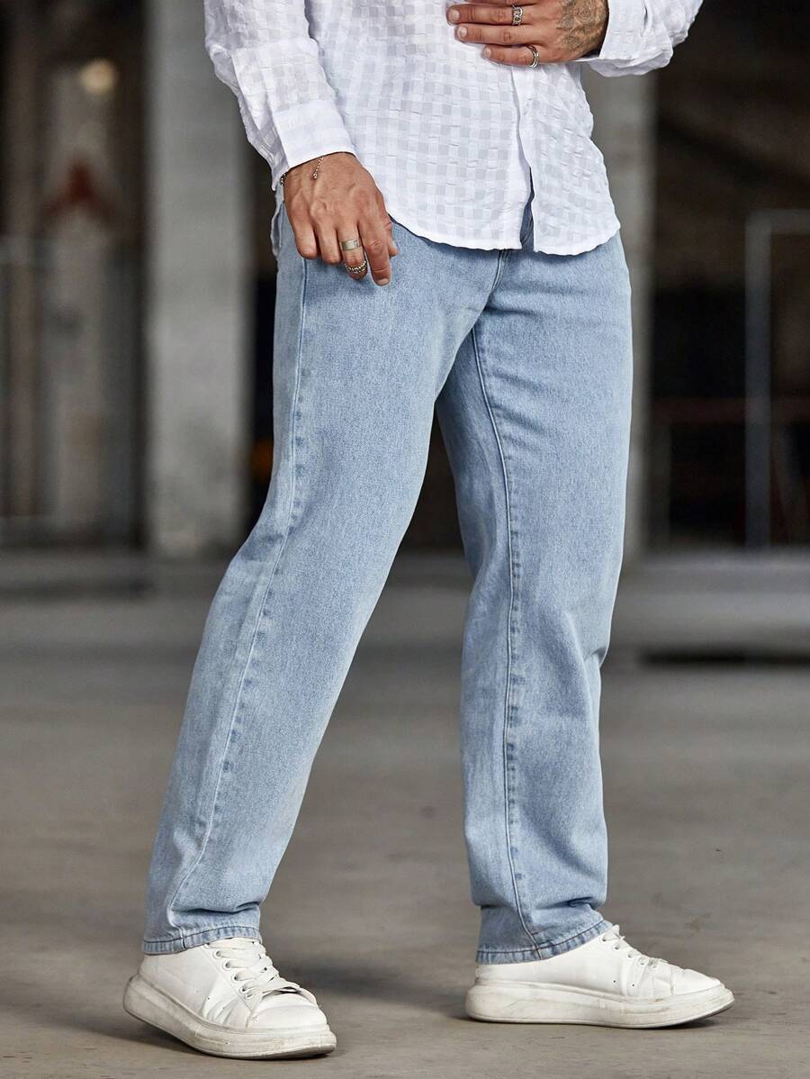 Manfinity Homme Men Slant Pocket Straight Leg Jeans - Light Wash - View 1