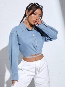 SHEIN EZwear 落肩袖後綁帶短款牛仔上衣 - 淺色水洗藍 - 查看 2