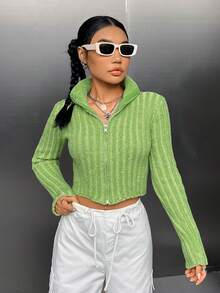 SHEIN Unity 拉鏈開襟短款開衫 - 綠色 - 查看 3