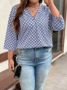 SHEIN LUNE Plus Allover Print V Neck Blouse - Blue - View 4