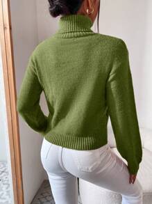 SHEIN Essnce Áo len dệt kim cổ lọ cho mùa thu/đông - màu xanh lá - Xem 2