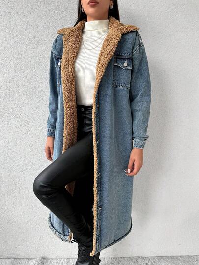 EURMUSE Flap Pocket Teddy Lined Denim Coat