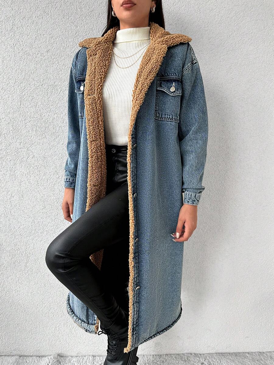 EURMUSE Flap Pocket Teddy Lined Denim Coat - Blue - View 1
