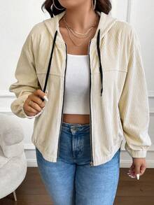 SHEIN Franclia 大碼落肩袖抽繩連帽燈芯絨夾克 - 杏色 - 查看 5