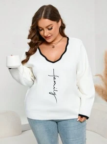 SHEIN LUNE Áo len dệt kim kiểu dáng mùa thu đông, họa tiết chữ cái cộng, viền tương phản. - trắng - Xem 4