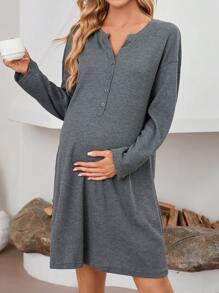 SHEIN Maternity Half Button Drop Shoulder Lounge Dress - Dark Grey - View 1