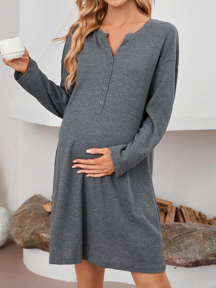 SHEIN Maternity Half Button Drop Shoulder Lounge Dress - Dark Grey - View 1
