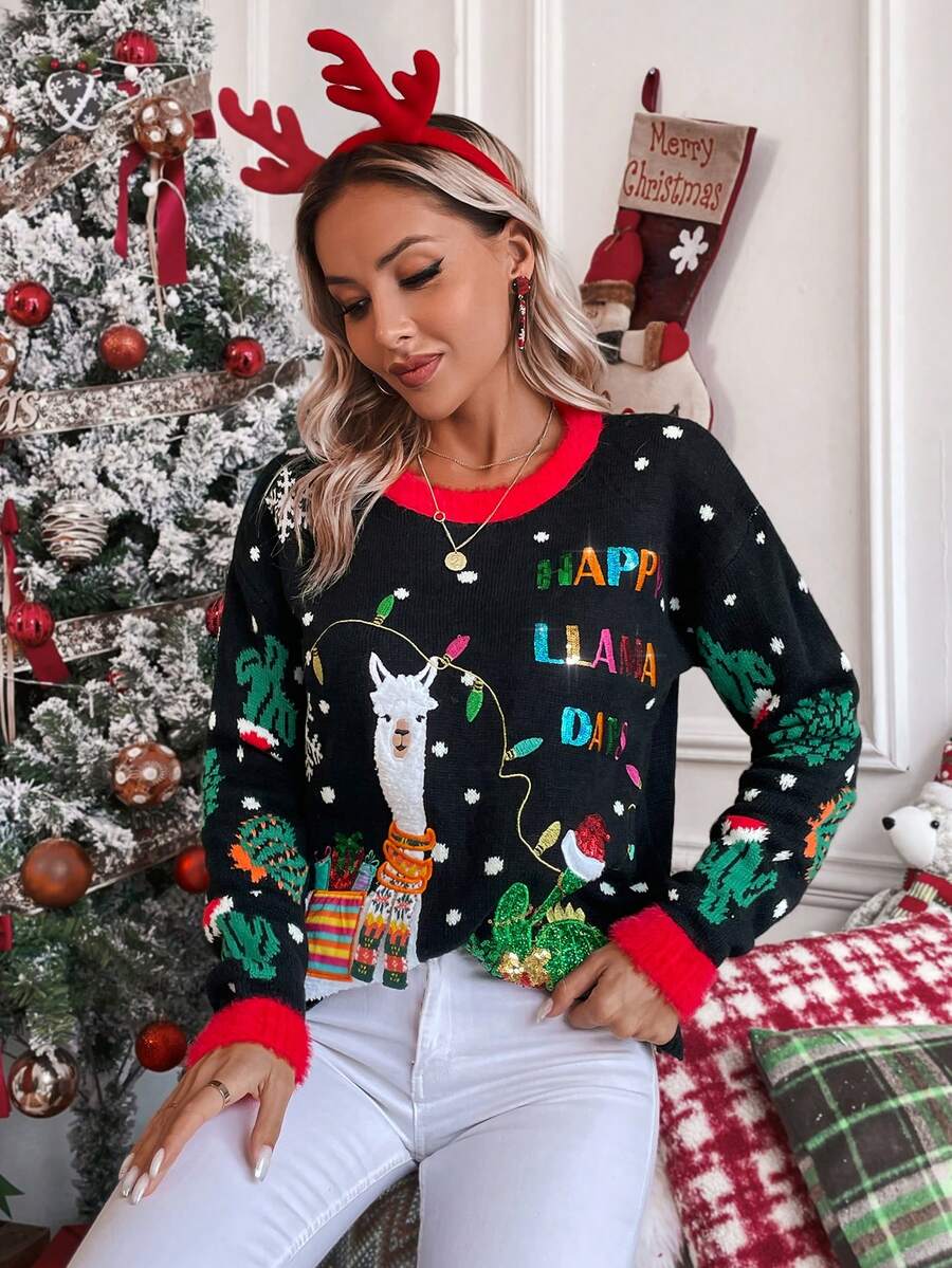 SHEIN LUNE 圣诞图案撞色滚边针织套头衫秋冬毛衣 - 彩色 - 查看 1