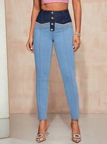 SHEIN Privé Jeans ajustados de dos tonos con botón - Lavado ligero - Ver 4