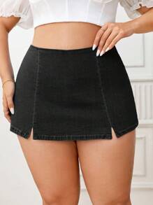 SHEIN ICON 大碼下擺開叉牛仔裙褲 - 黑色 - 查看 1